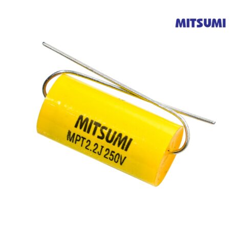 ตัวเก็บประจุไฟฟ้าขนาดใหญ่สีเหลืองพร้อมฉลาก MITSUMI 250V.